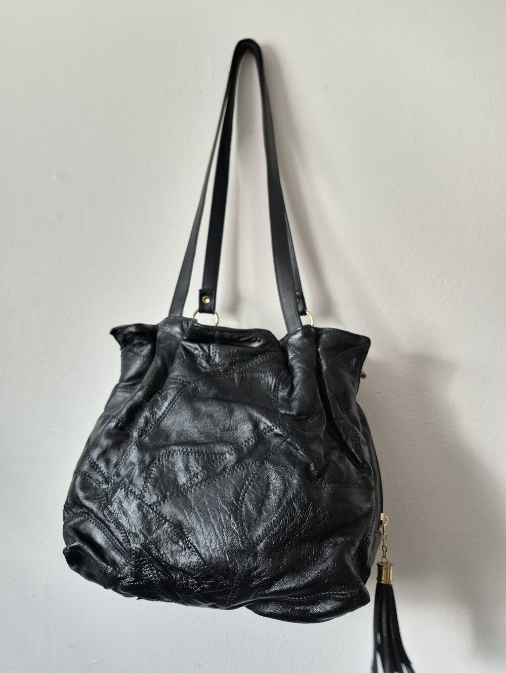 Vintage 80s Patchwork Leather Purse Black Women Boho Textured Retro
